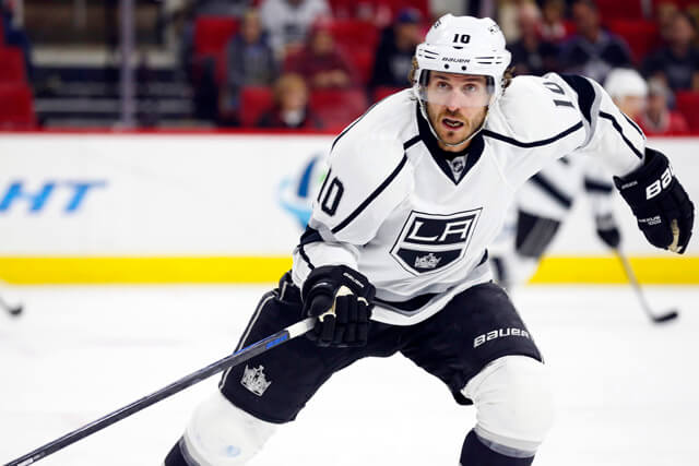 Nov 2, 2014; Raleigh, NC, USA; Los Angeles Kings forward Mike Richards (10) reacts against the Carolina Hurricanes at PNC Arena. The Carolina Hurricanes defeated the Los Angeles Kings  3-2. Mandatory Credit: James Guillory-USA TODAY Sports